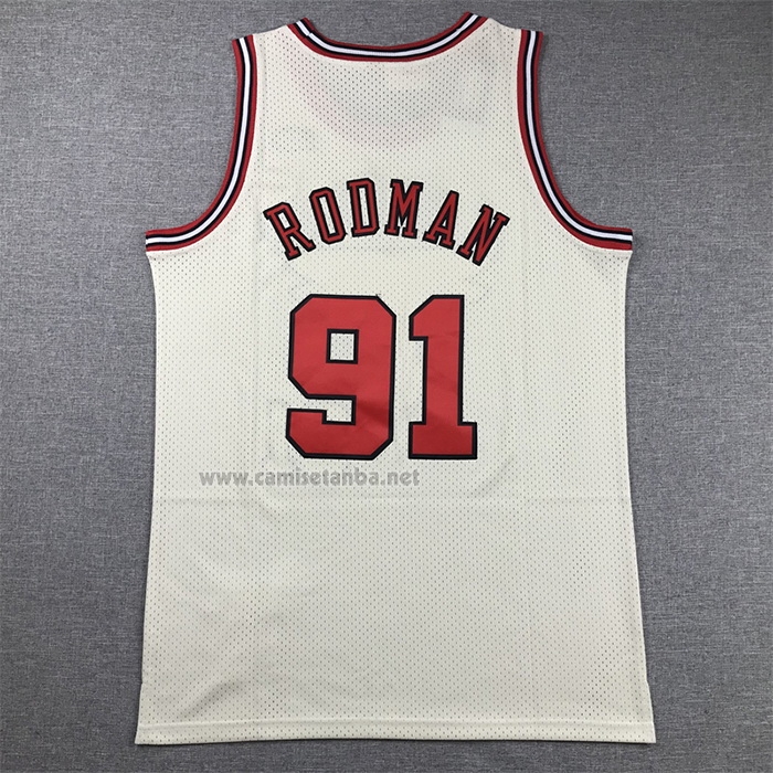 Camiseta Chicago Bulls Dennis Rodman NO 91 Mitchell & Ness Chainstitch Crema